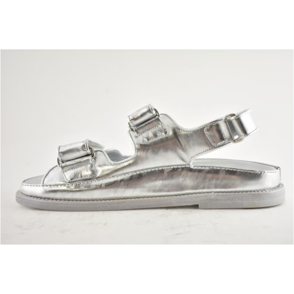 Chanel 22C Silver Laminated Star CC Logo Mule Slide Strap Flat Dad Sandal 35.5 - Picture 8 of 12